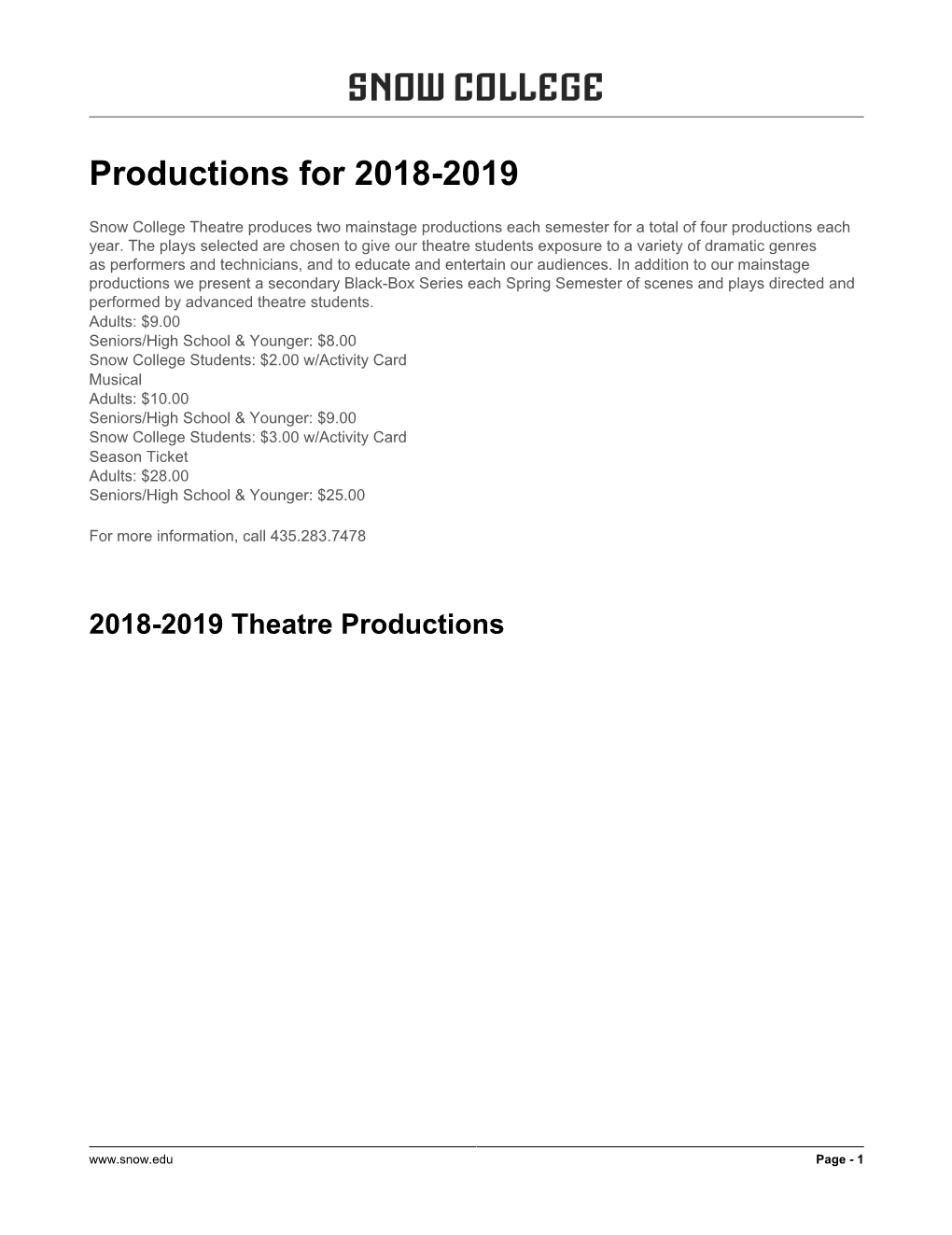 Productions for 2018-2019