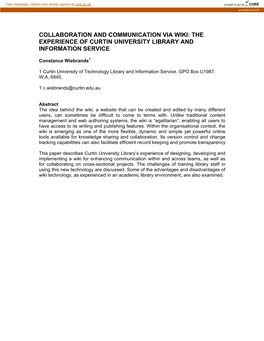 Collaboration and Communication Via Wiki: the Experience of Curtin University Library and Information Service