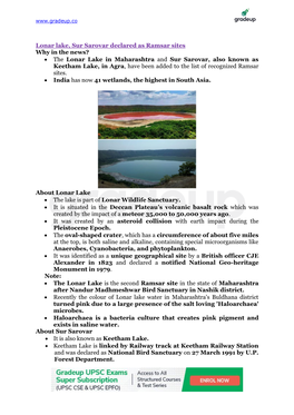 Lonar Lake, Sur Sarovar Declared As Ramsar Sites Why in The