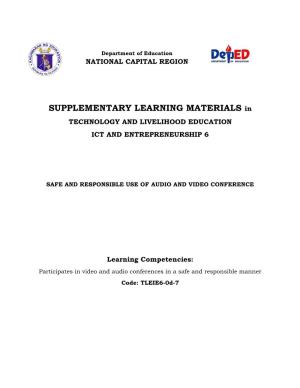 SUPPLEMENTARY LEARNING MATERIALS in TECHNOLOGY and LIVELIHOOD EDUCATION ICT and ENTREPRENEURSHIP 6