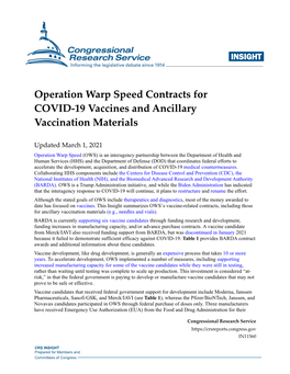 Operation Warp Speed Contracts for COVID 19 Vaccines