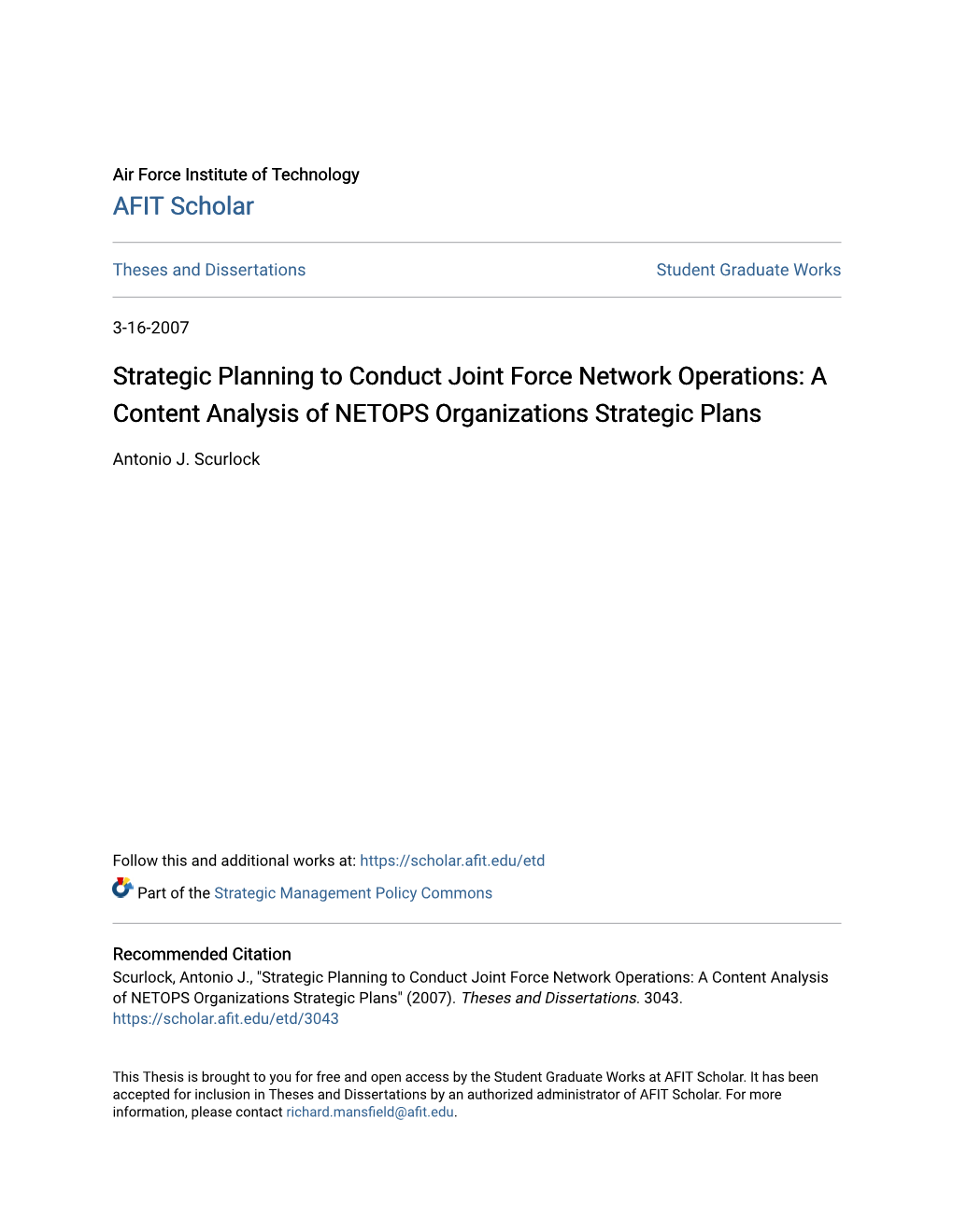 A Content Analysis of NETOPS Organizations Strategic Plans