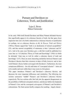 Putnam and Davidson on Coherence, Truth, and Justification