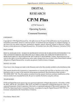 Digital Research : CP/M 3 Command Reference Manual Page 1