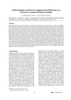 Understanding Lateritic Ore Agglomeration Behaviour As a Precursor to Enhanced Heap Leaching*