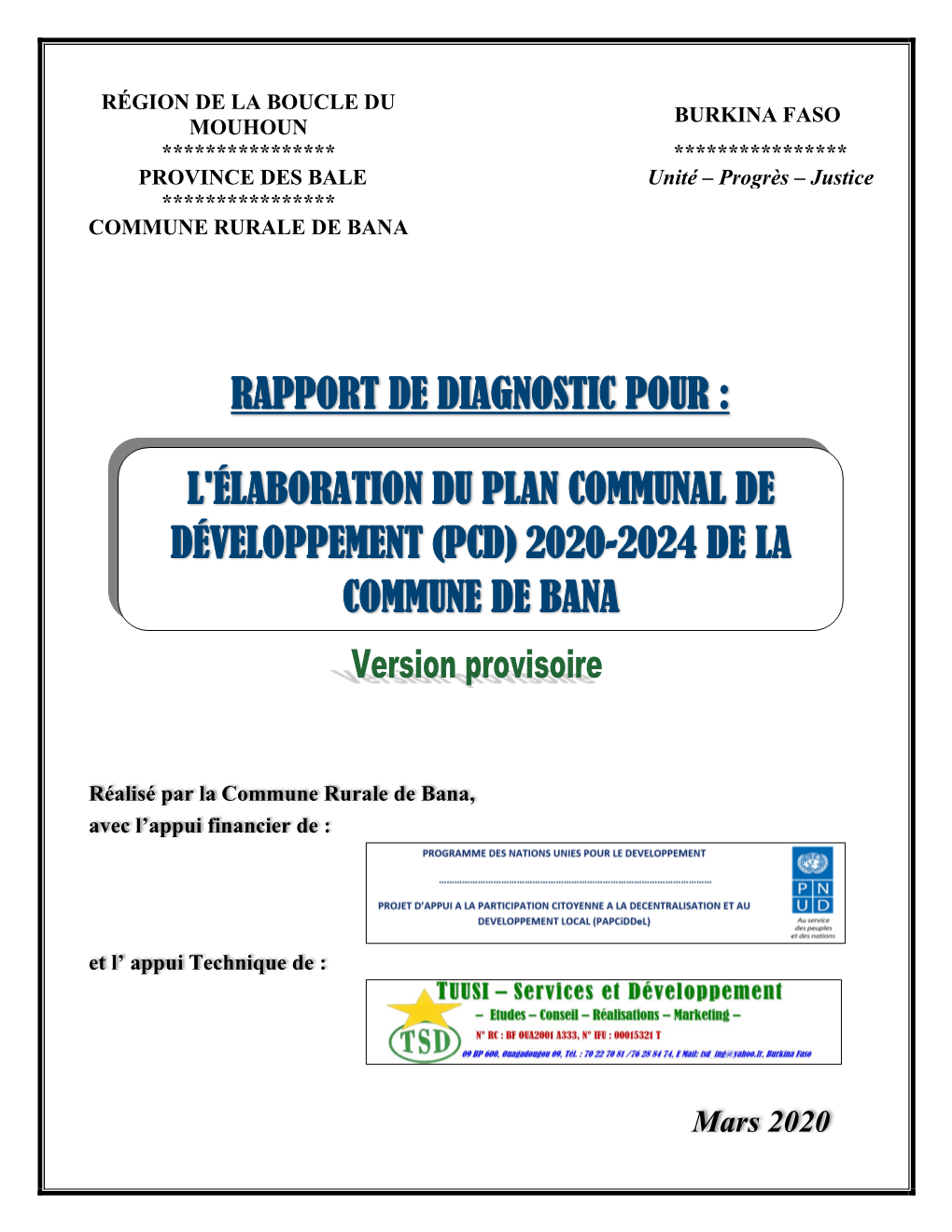 Rapport De Diagnostic Pour : L'élaboration Du Plan