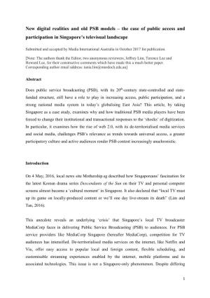 New Digital Realities and Old PSB Models – the Case of Public Access and Participation in Singapore’S Televisual Landscape