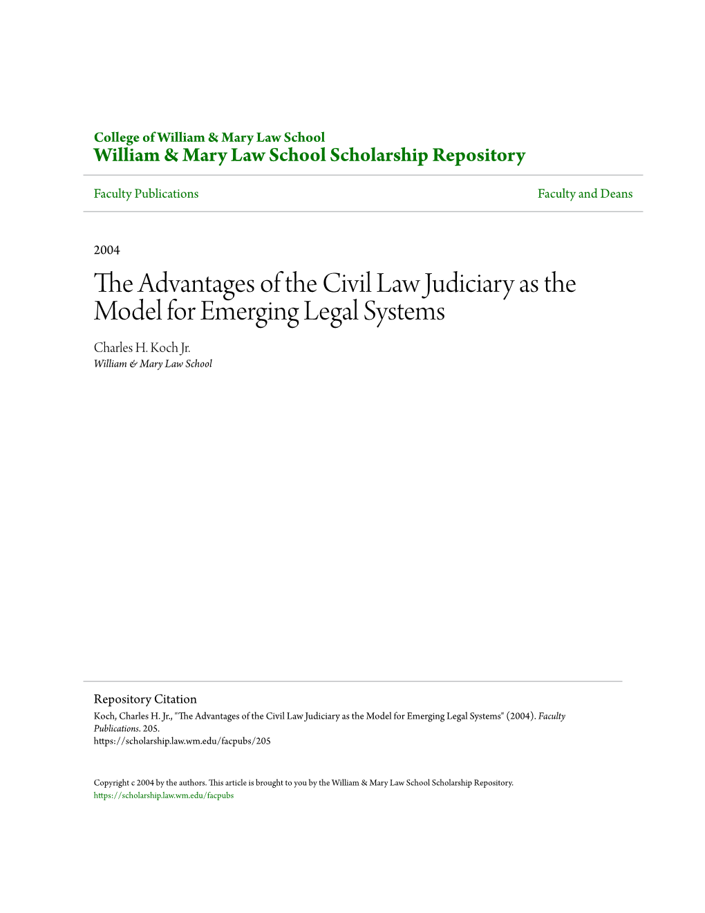 The Advantages of the Civil Law Judiciary As the Model for Emerging Legal Systems Charles H