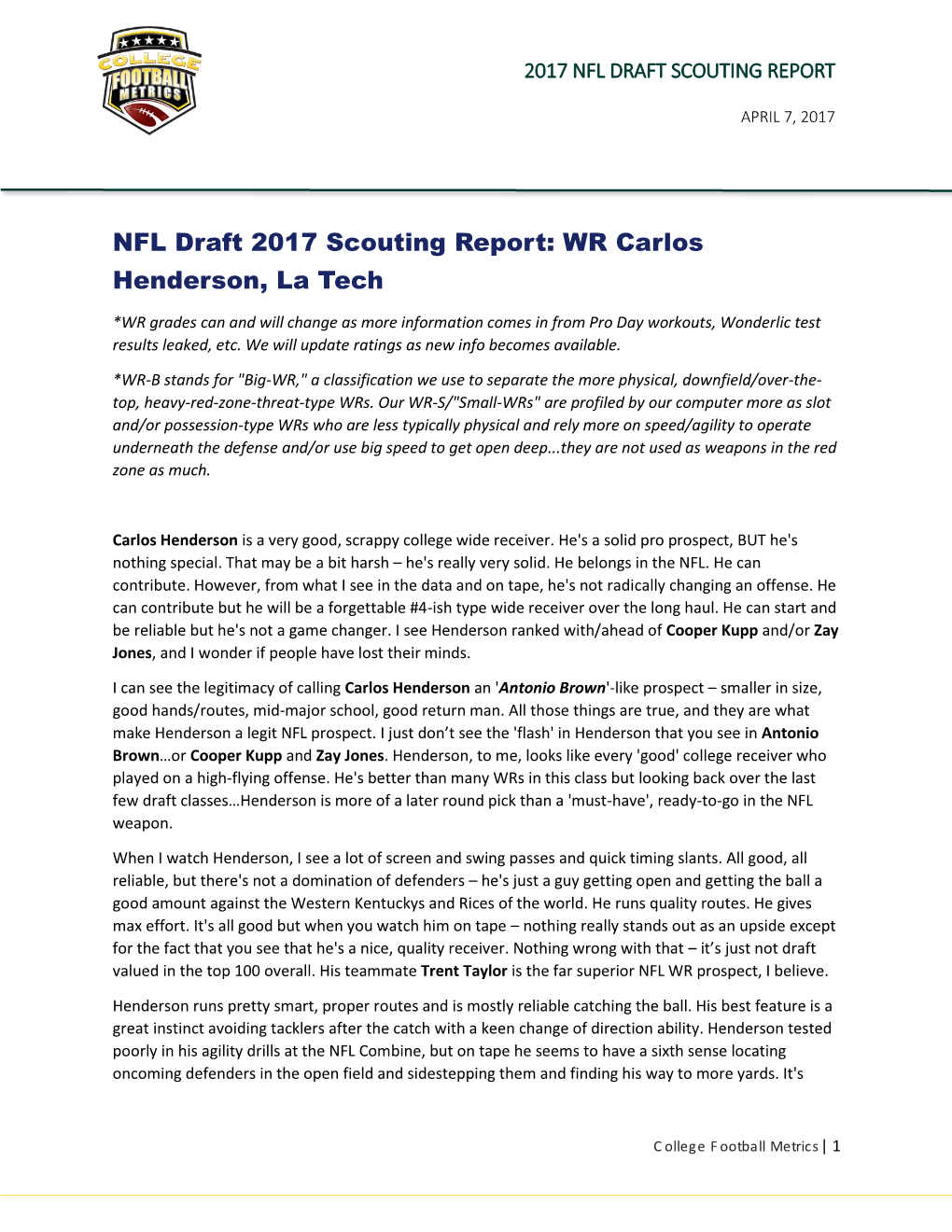 NFL Draft 2017 Scouting Report: WR Carlos Henderson, La Tech
