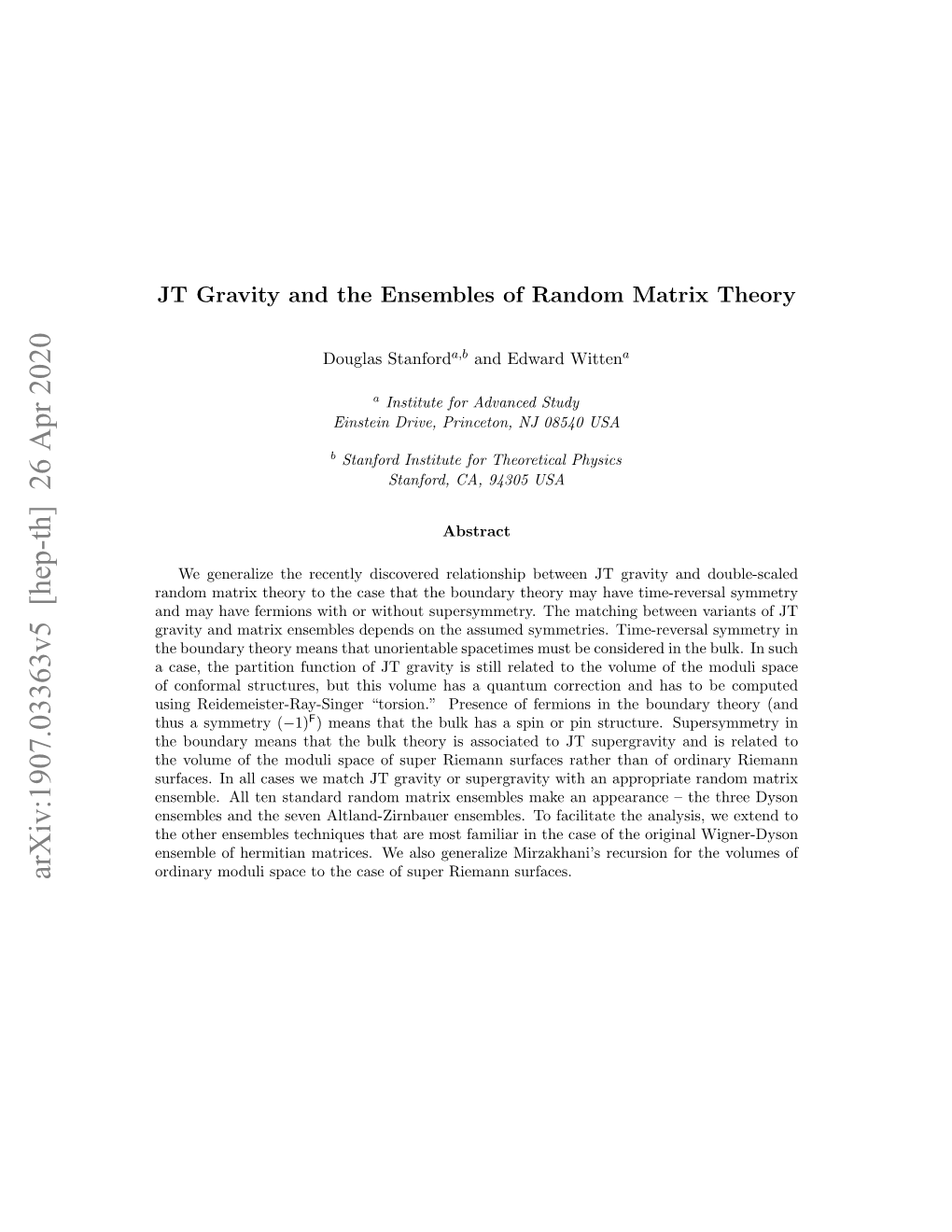 Arxiv:1907.03363V5 [Hep-Th] 26 Apr 2020 Contents