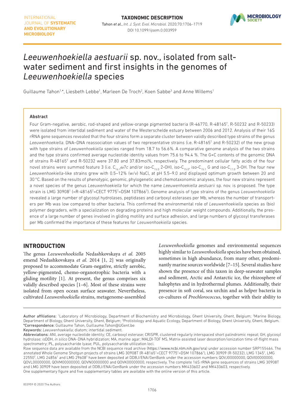 Leeuwenhoekiella Aestuarii Sp. Nov., Isolated from Salt- Water Sediment and First Insights in the Genomes of Leeuwenhoekiella S