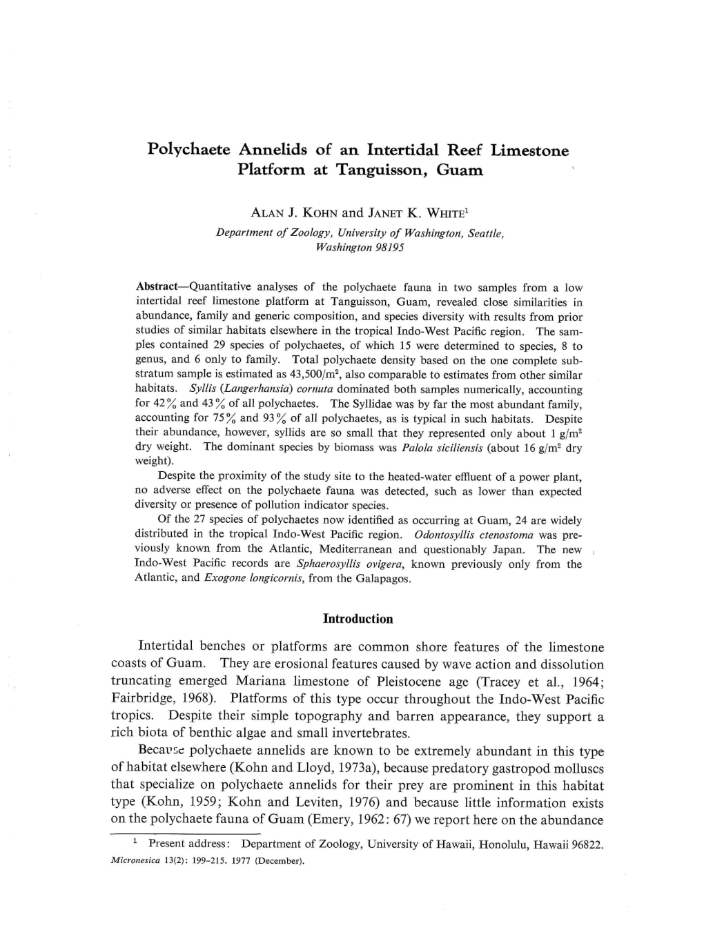 Polychaete Annelids of an Intertidal Reef Limestone Platform at Tanguisson, Guam