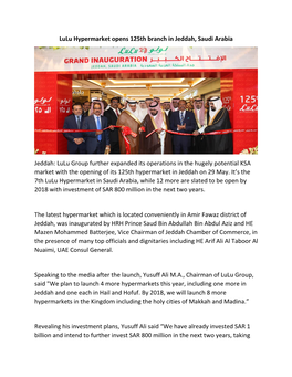 Lulu Hypermarket Opens 125Th Branch in Jeddah, Saudi Arabia
