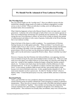 We Should Not Be Ashamed of True Lutheran Worship