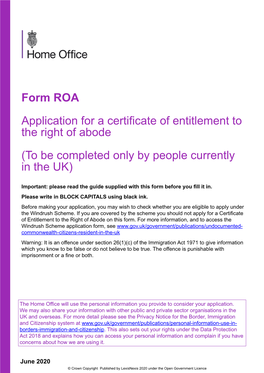Application for a Certificate of Entitlement to the Right of Abode (To Be Completed Only by People Currently in the UK)