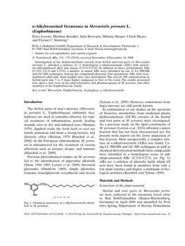 N-Alkylresorcinol Occurrence in Mercurialis Perennis L. (Euphorbiaceae) Peter Lorenz, Matthias Knödler, Julia Bertrams, Melanie Berger, Ulrich Meyer, and Florian C