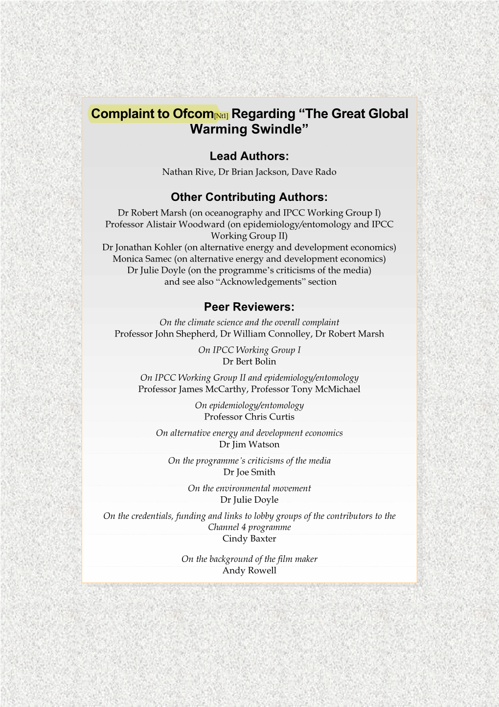 [PDF] Complaint to Ofcom Regarding “The Great Global Warming Swindle”