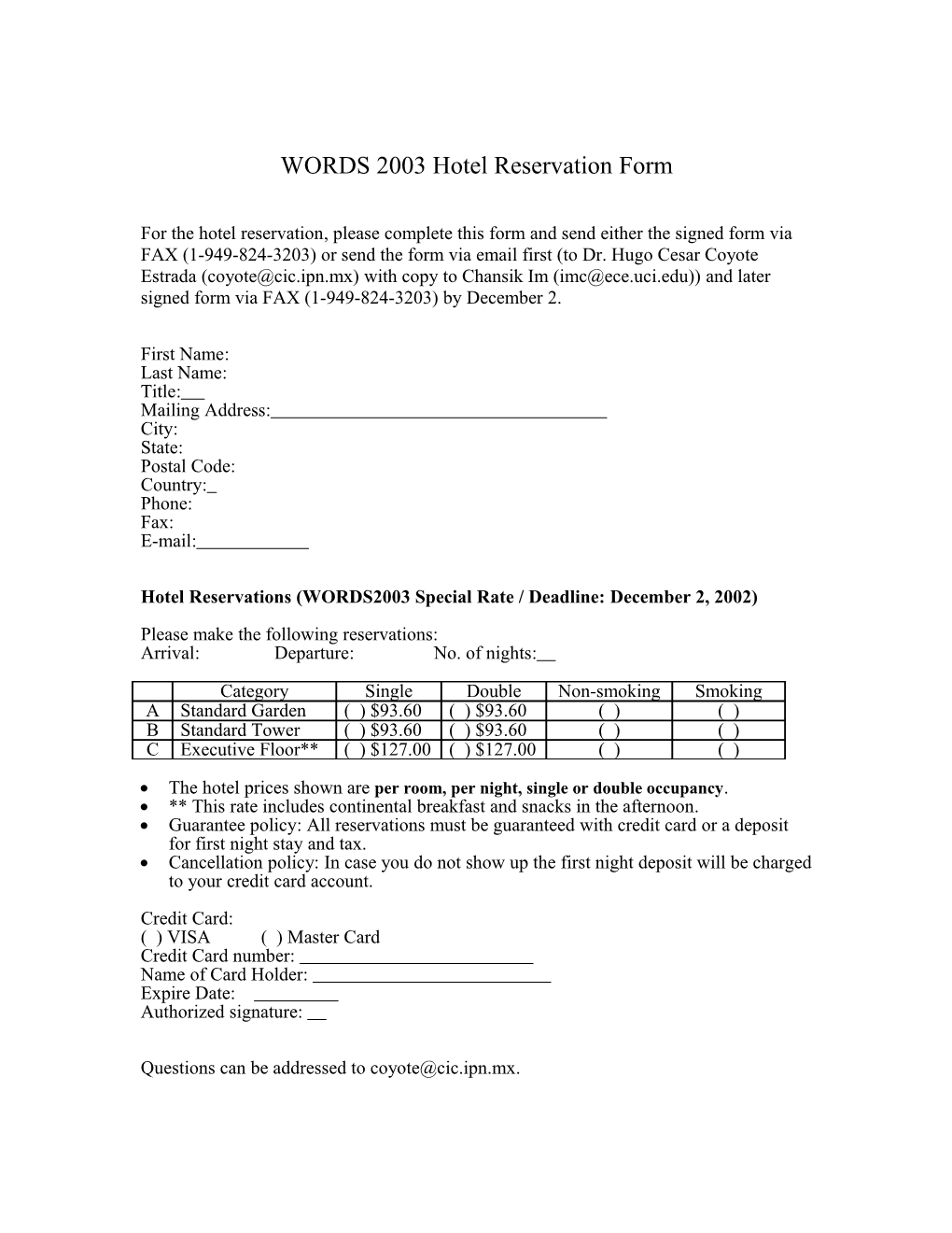 WORDS 2003 Hotel Reservation Form