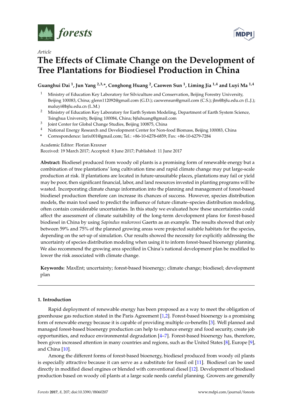 The Effects of Climate Change on the Development of Tree Plantations for Biodiesel Production in China