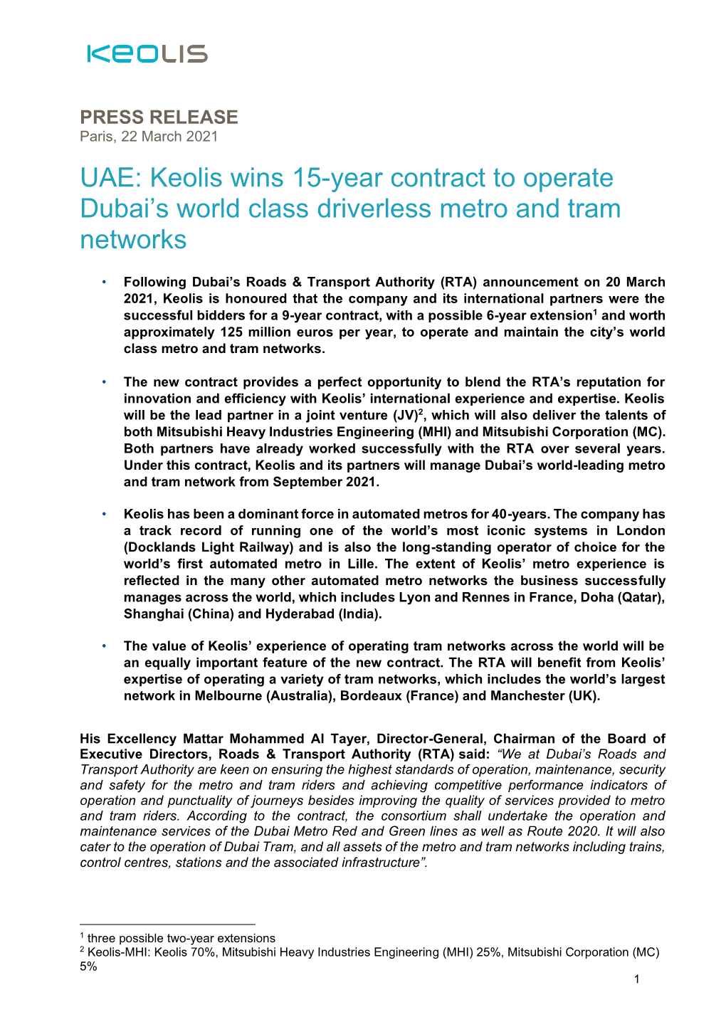 UAE: Keolis Wins 15-Year Contract to Operate Dubai's World Class