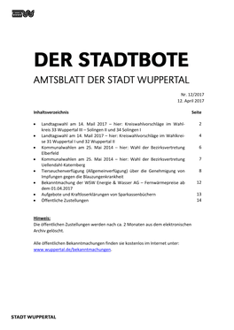 Kreiswahlvorschläge Im Wahl‐ 2 Kreis 33 Wuppertal III – Solingen II Und 34 Solingen I  Landtagswahl Am 14