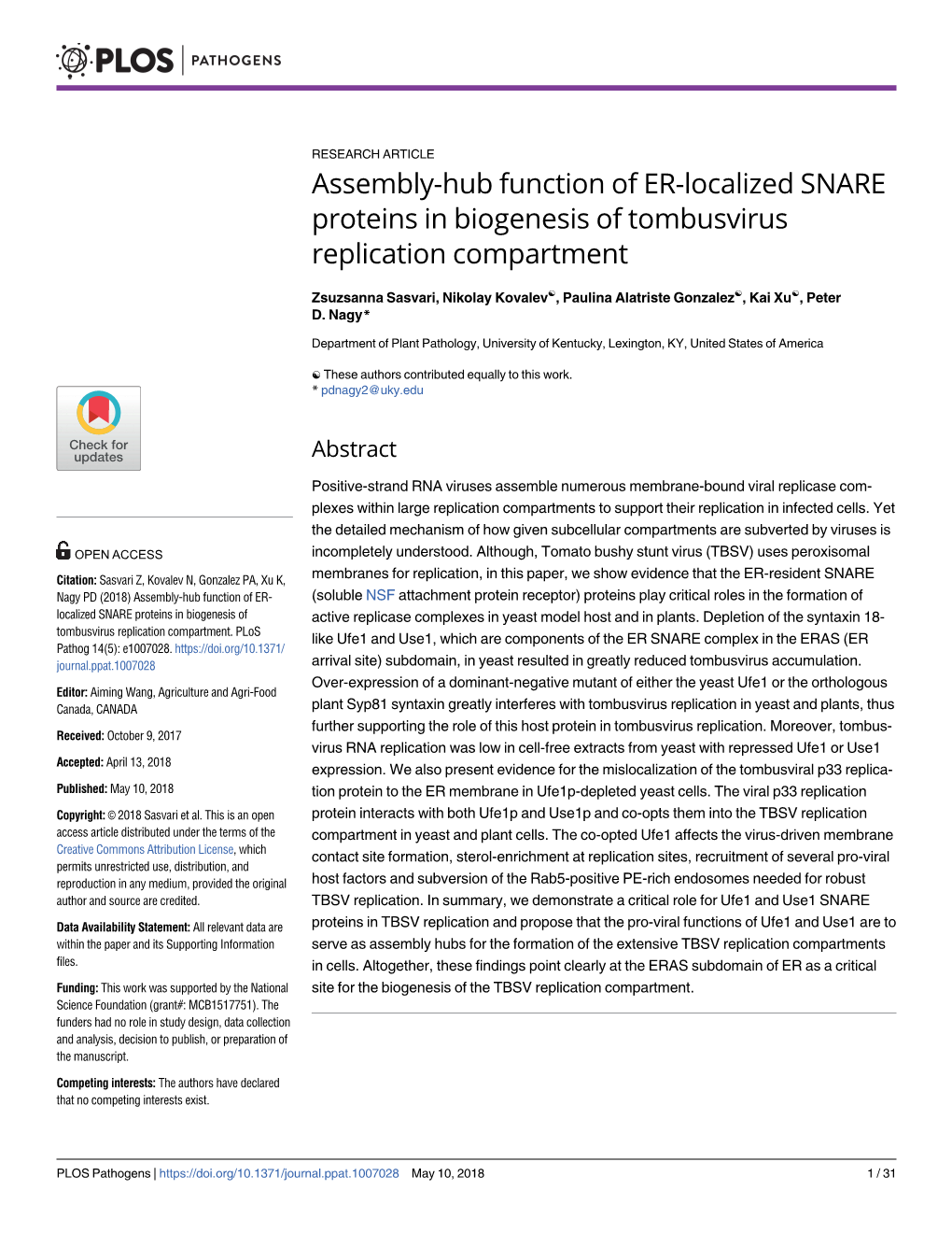 Assembly-Hub Function of ER-Localized SNARE Proteins in Biogenesis of Tombusvirus Replication Compartment
