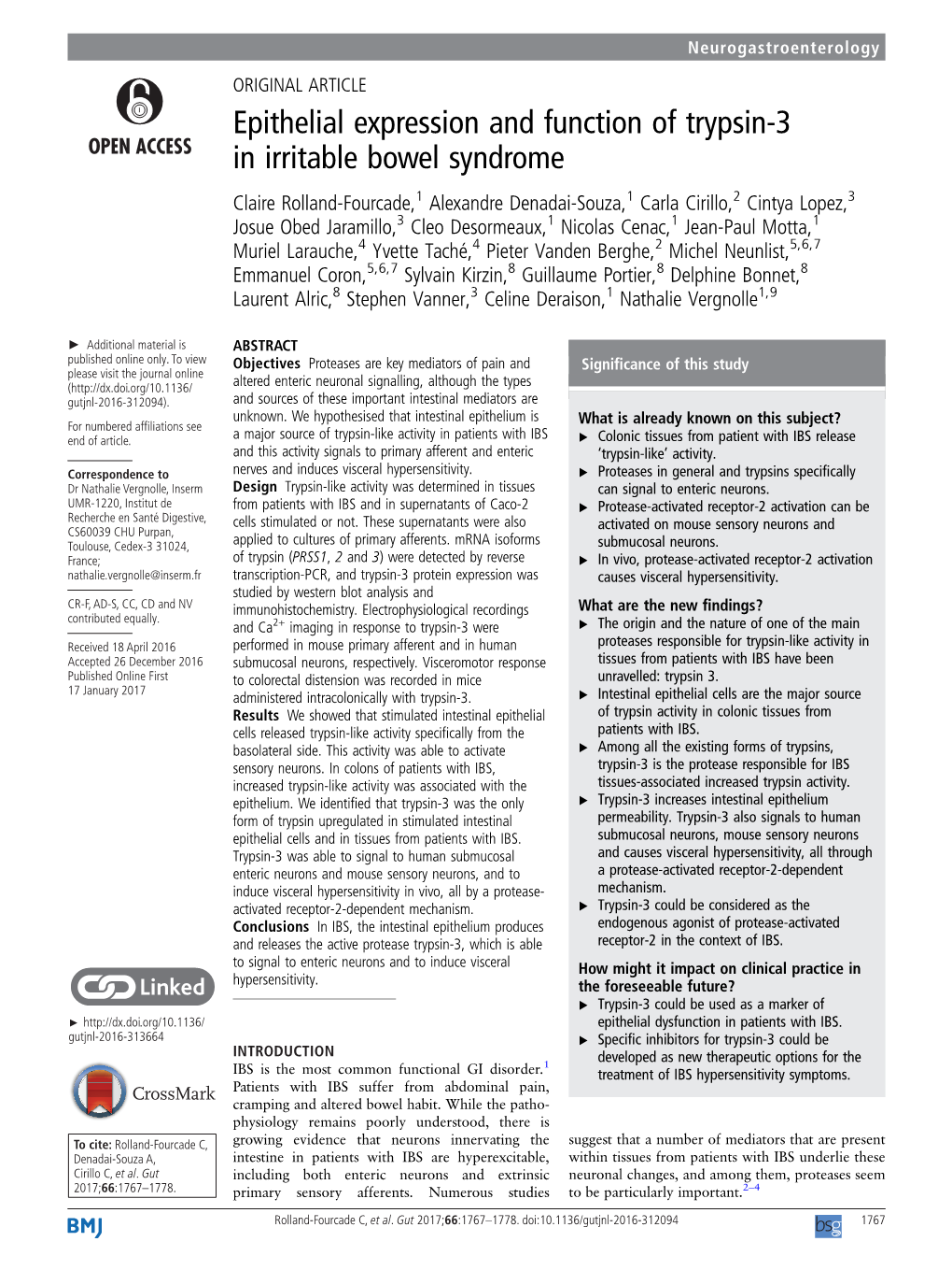 Epithelial Expression and Function of Trypsin-3 in Irritable