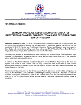Bermuda Football Association Congratulates Outstanding Players, Coaches, Teams and Officials from 2016-2017 Season