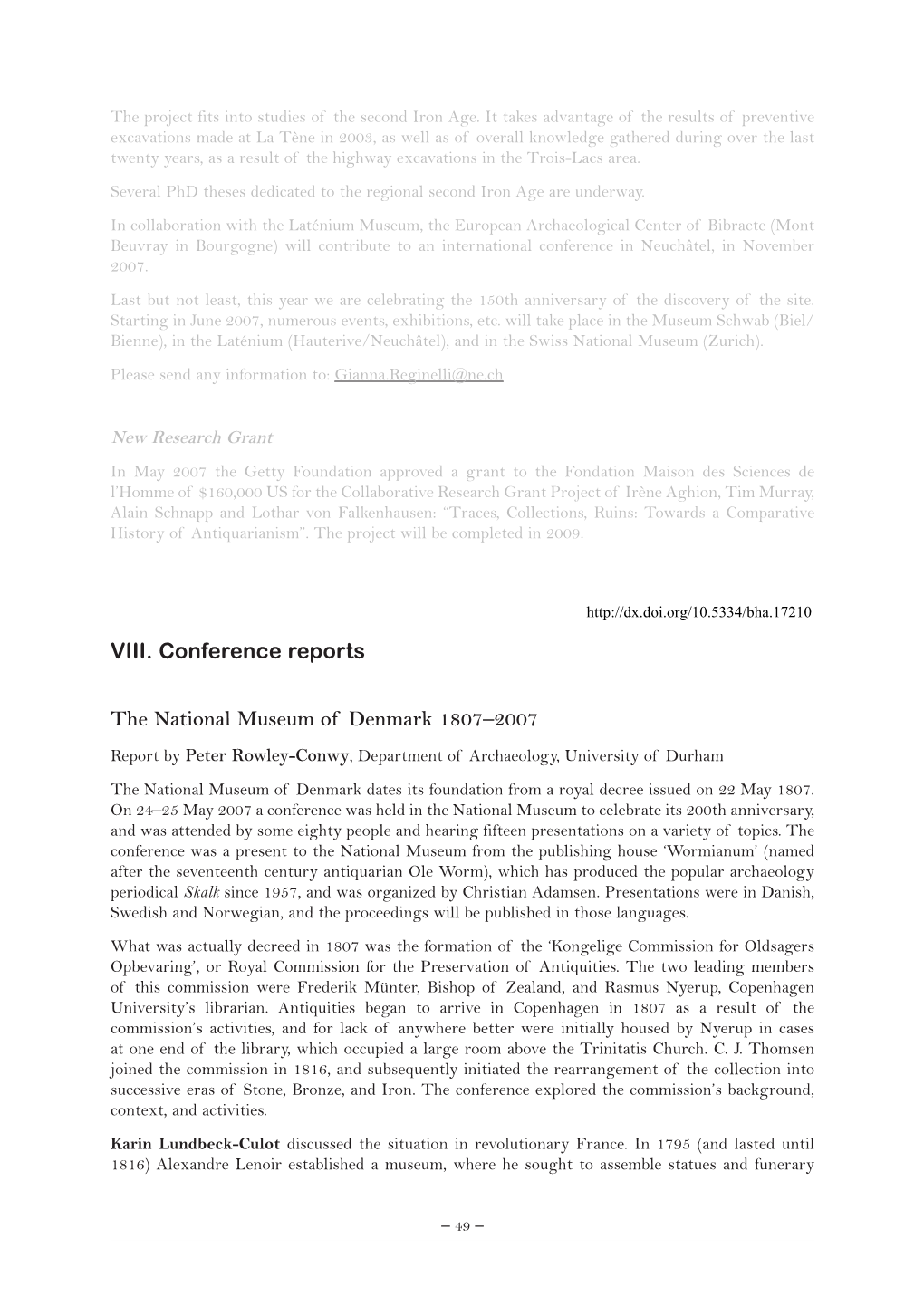 VIII. Conference Reports the National Museum of Denmark 1807–2007