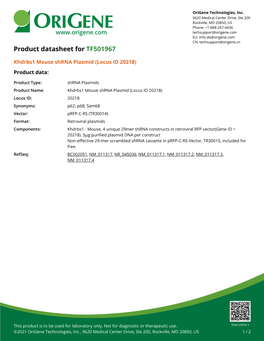 Khdrbs1 Mouse Shrna Plasmid (Locus ID 20218) Product Data