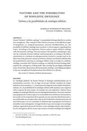 Vattimo and the Possibilities of Nihilistic Ontology Vattimo Y Las Posibilidades De Ontología Nihilista