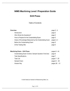 NIMS Machining Level I Preparation Guide Drill Press