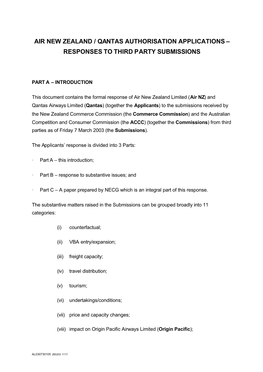 Air New Zealand / Qantas Authorisation Applications – Responses to Third Party Submissions