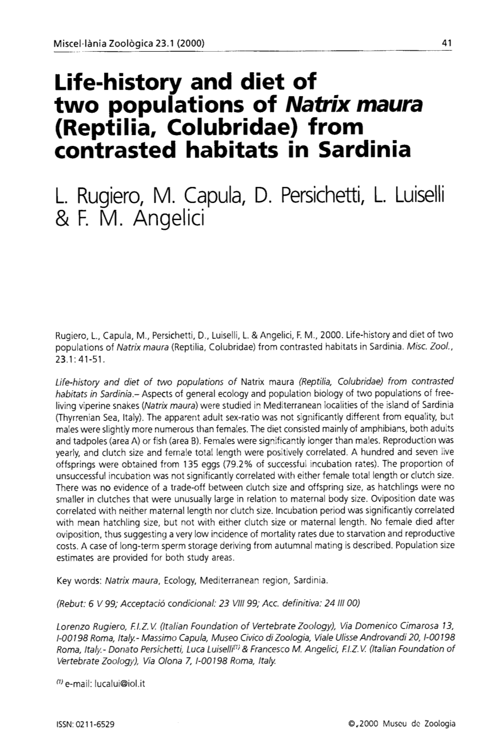 Life-History and Diet of Two Populations of Natrix Maura (Reptilia, Colubridae) from Contrasted Habitats in Sardinia