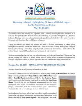 Germany to Israel: Highlighting 30 Years of Global Impact Led by Rabbi Shlomo Riskin May 19-28, 2014