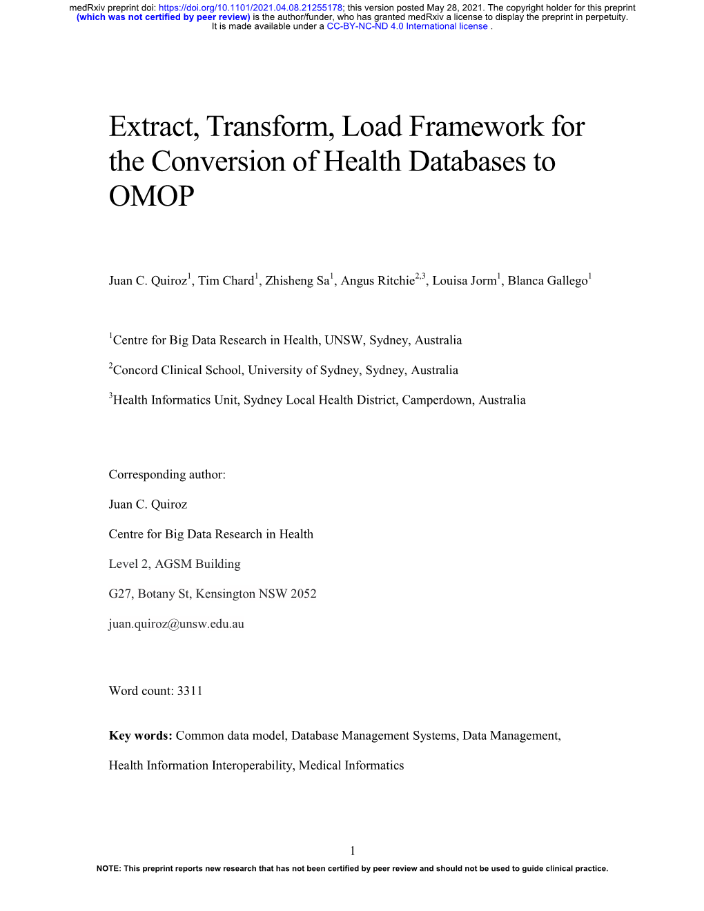 Extract, Transform, Load Framework for the Conversion of Health Databases to OMOP