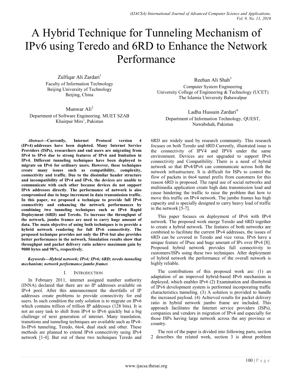A Hybrid Technique for Tunneling Mechanism of Ipv6 Using Teredo and 6RD to Enhance the Network Performance