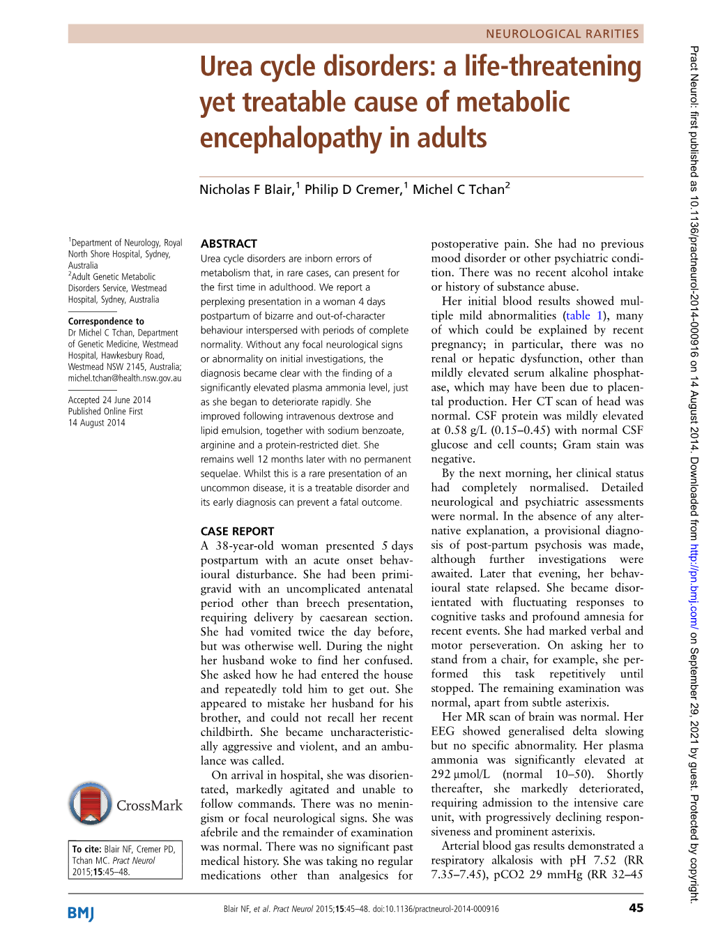 Urea Cycle Disorders: a Life-Threatening Yet Treatable Cause of Metabolic Encephalopathy in Adults