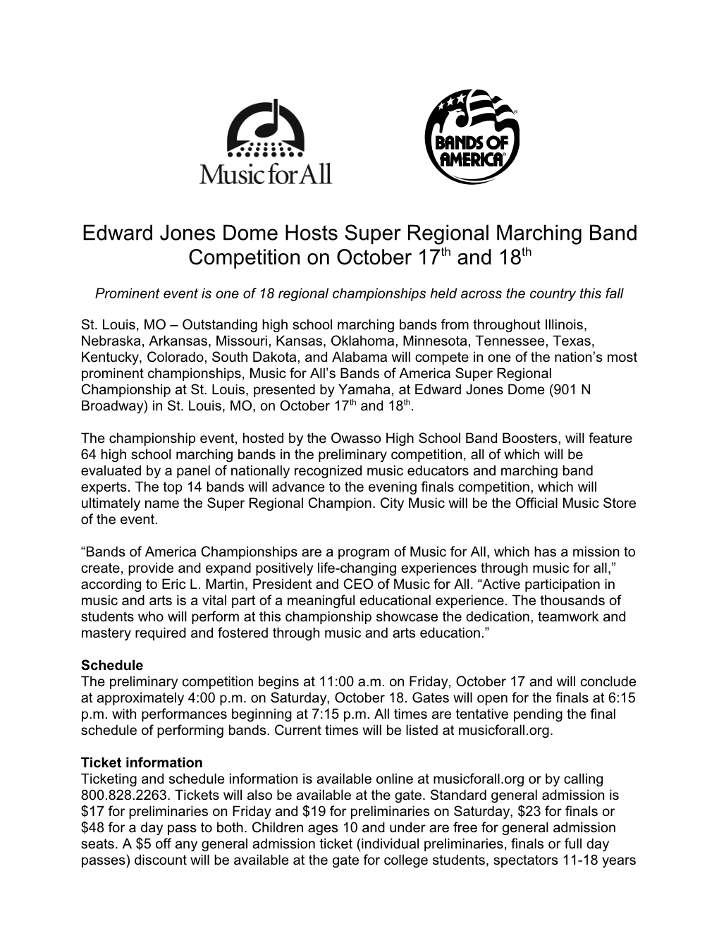 Edward Jones Dome Hosts Super Regional Marching Band Competition on October 17Th and 18Th