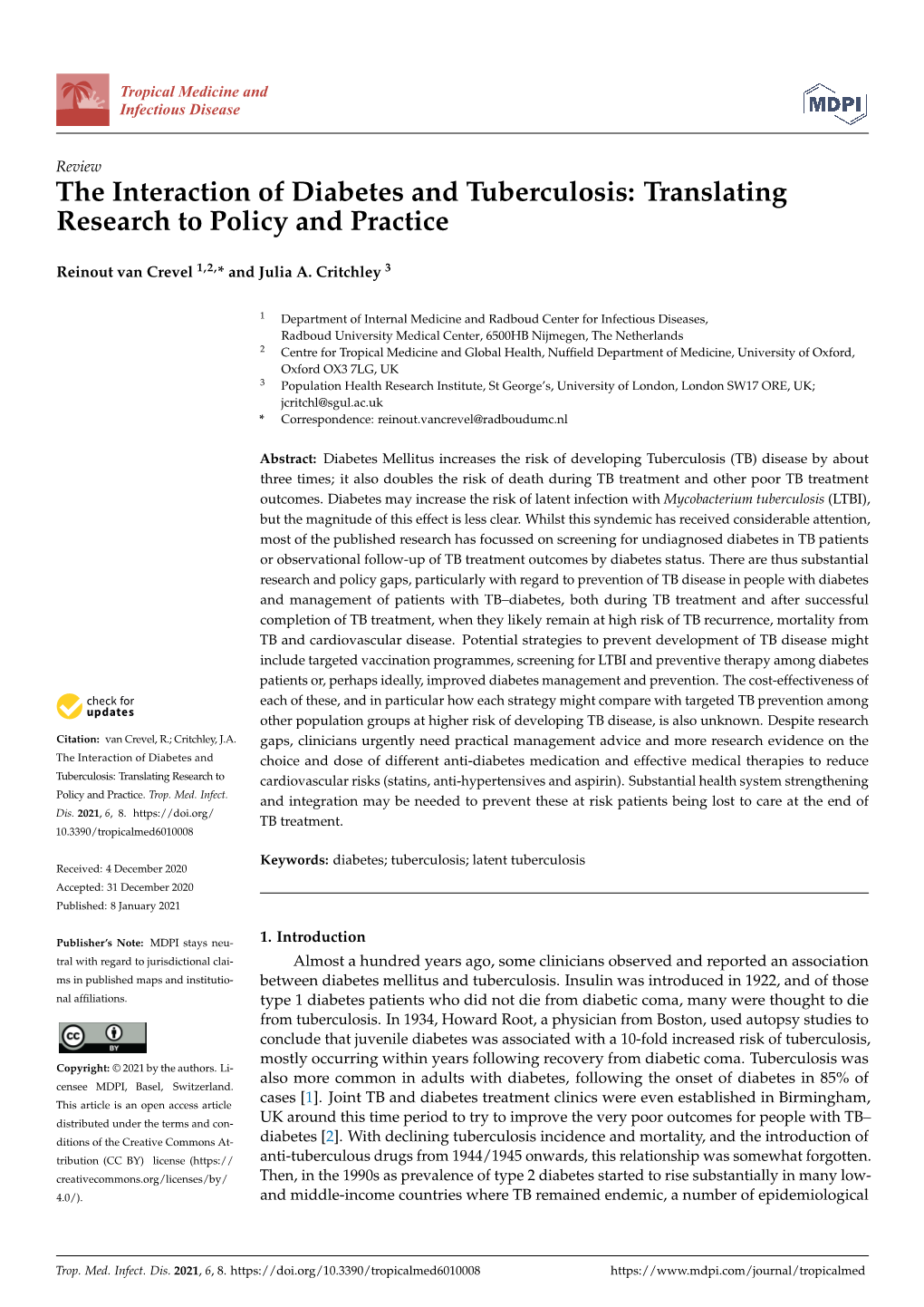 The Interaction of Diabetes and Tuberculosis: Translating Research to Policy and Practice