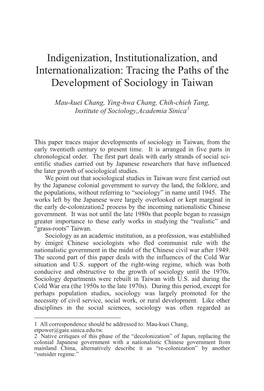 Indigenization, Institutionalization, and Internationalization: Tracing the Paths of the Development of Sociology in Taiwan