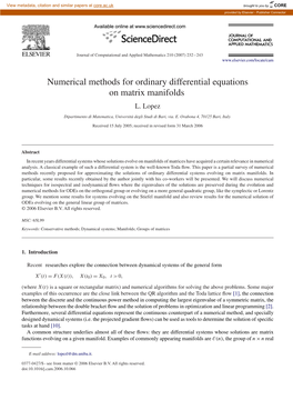 Numerical Methods for Ordinary Differential Equations on Matrix Manifolds L