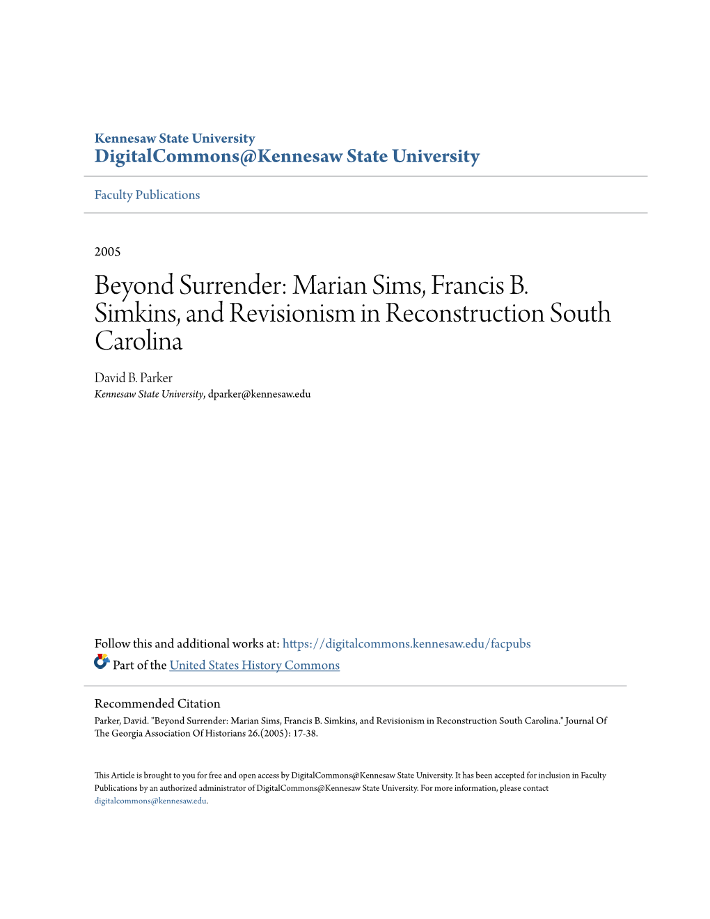 Marian Sims, Francis B. Simkins, and Revisionism in Reconstruction South Carolina David B