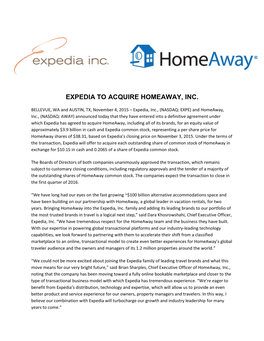 Expedia to Acquire Homeaway, Inc