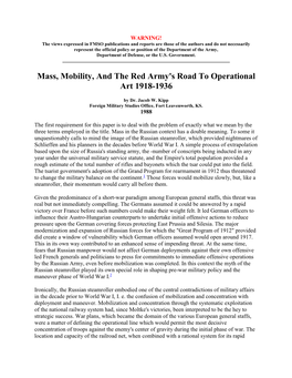 Mass, Mobility, and the Red Army's Road to Operational Art 1918-1936
