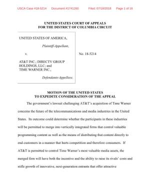 MOTION of the UNITED STATES to EXPEDITE CONSIDERATION of the APPEAL the Government’S Lawsuit Challenging AT&T’S Acquisition of Time Warner