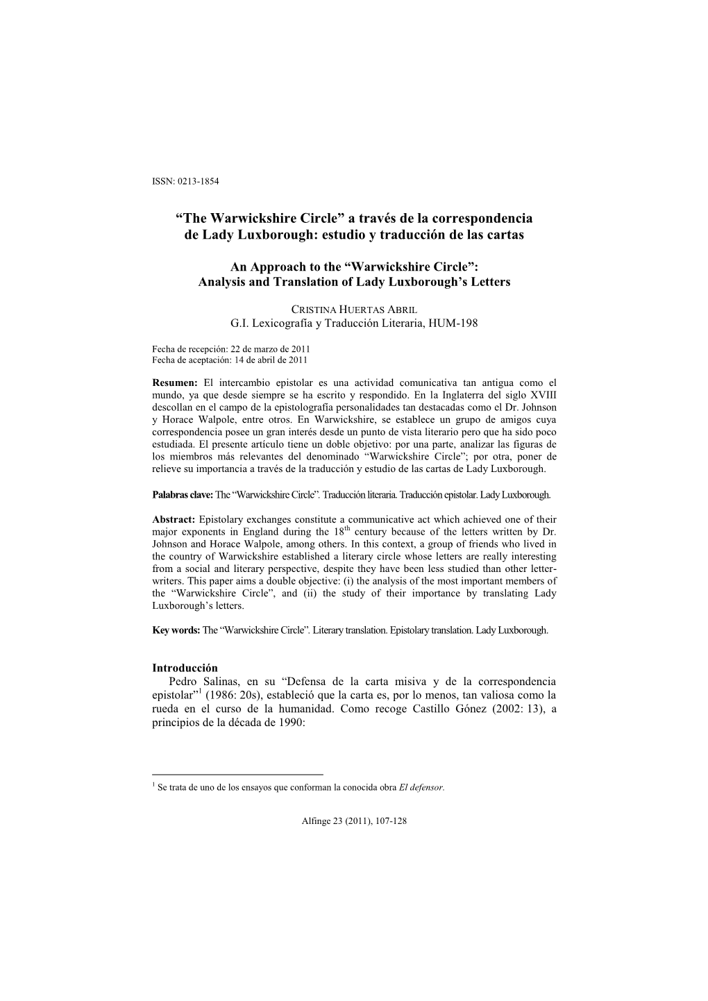 “The Warwickshire Circle” a Través De La Correspondencia De Lady Luxborough: Estudio Y Traducción De Las Cartas