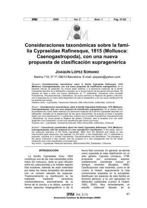Mollusca: Caenogastropoda), Con Una Nueva Propuesta De Clasificación Supragenérica
