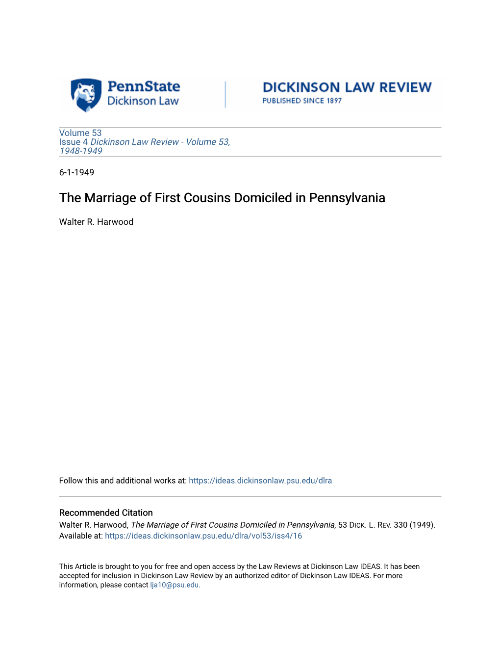 The Marriage of First Cousins Domiciled in Pennsylvania