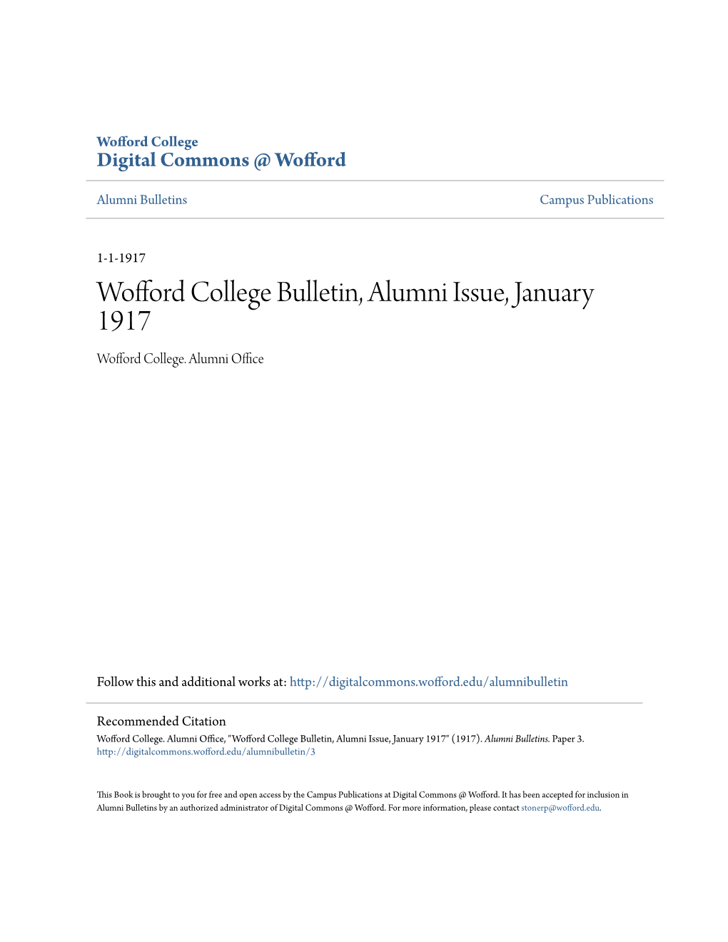 Wofford College Bulletin, Alumni Issue, January 1917 Wofford College